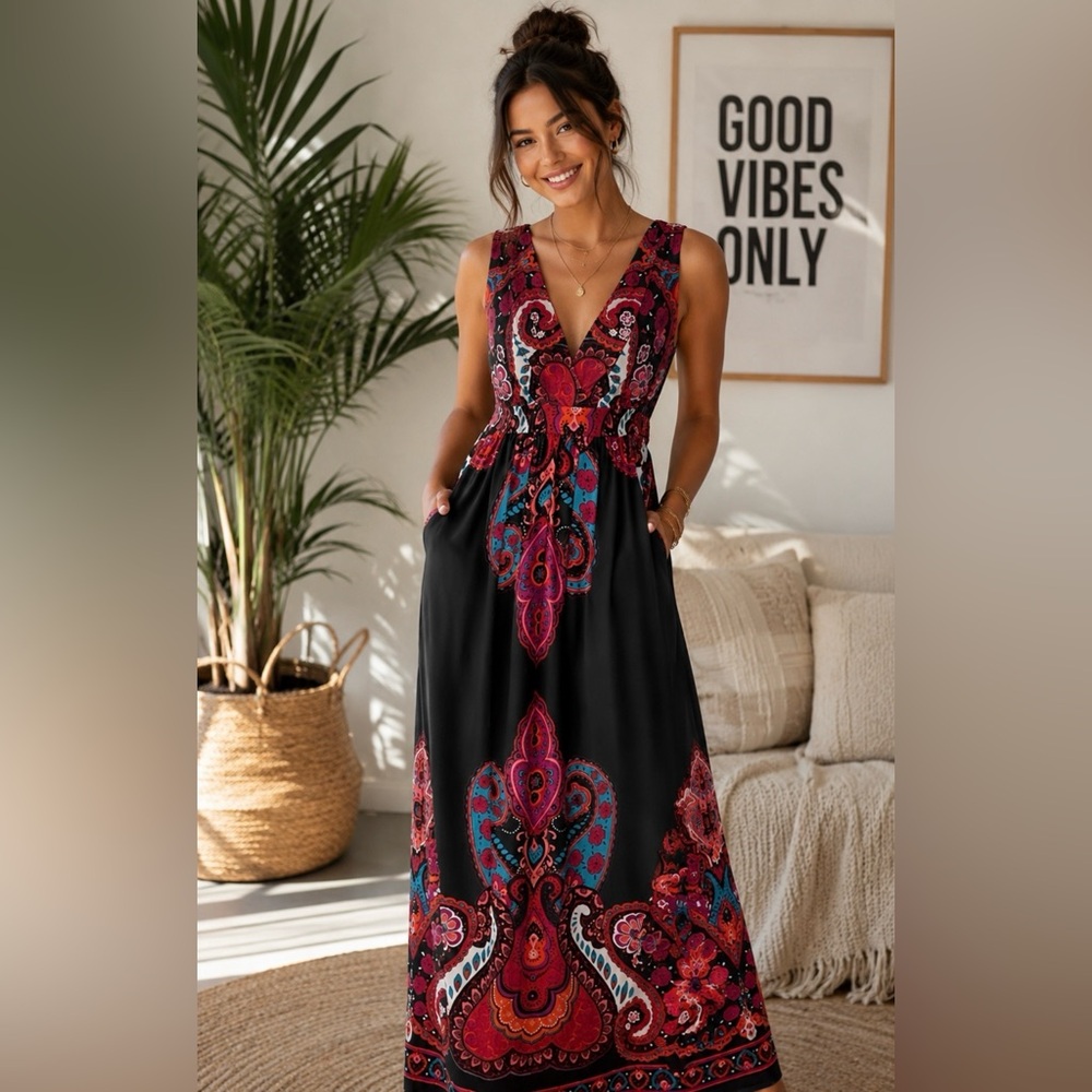 Women's Strapless V Neck Maxi Dress Large Hippie Boho Paisley Festival Empire